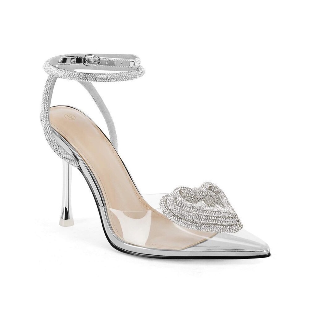 Coutgo Womens Clear Heels Rhinestone Heart Slingback Pointed Closed Toe Wedding